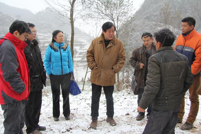 杨在锋副书记（左四）在雪地里听取村支部书记刘现达的情况汇报与帮扶意见